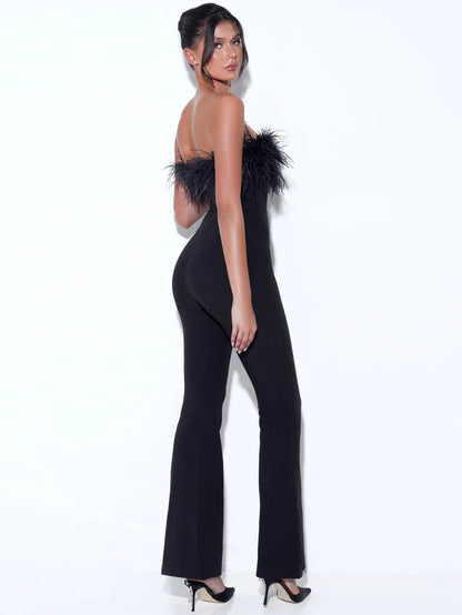 Spring Summer Sexy Ostrich Feather High Waist Slim Solid Color Trousers