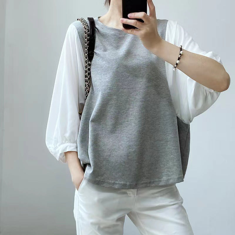 T shirt Women Summer High-Grade Small round Neck Stitching Contrast Color Loose Half Sleeve Shirt