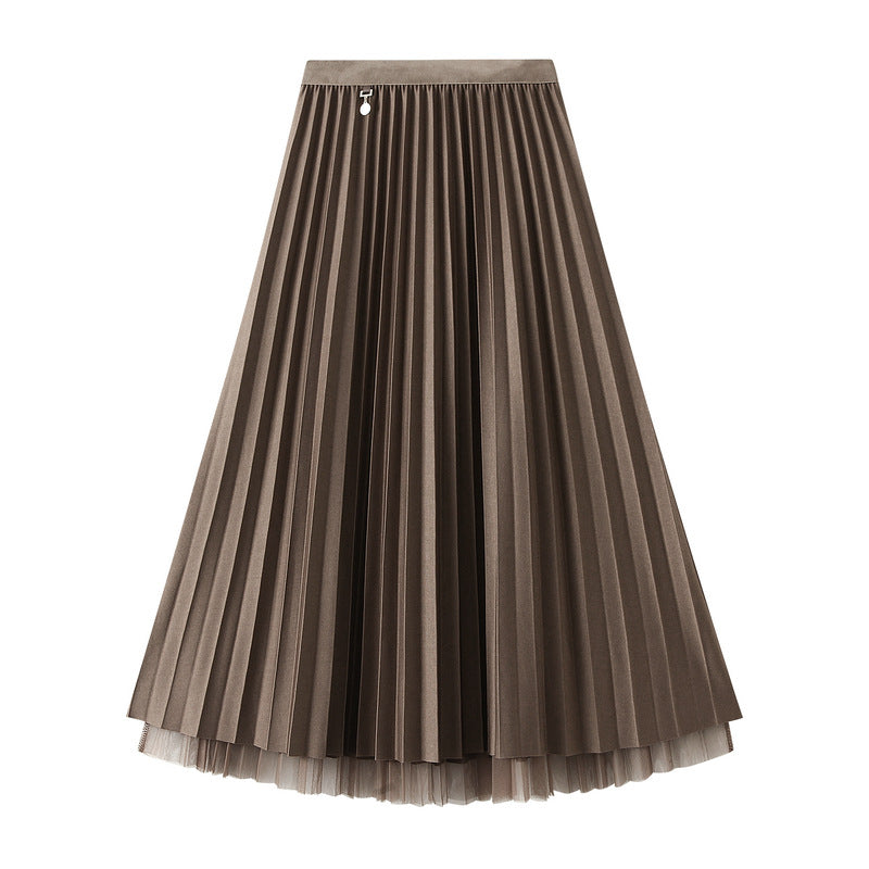 Double Sided Pleated Skirt Gauze Skirt Autumn Winter A Line Skirt Belly Covering Skirt