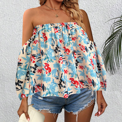 Damen Kleidung Off Shoulder Printed Shirt Urlaubstop