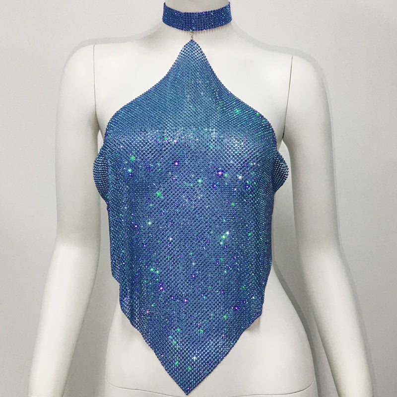 Ropa de mujer con cuello Halter y tirantes finos, ropa Sexy para discoteca, Top asimétrico Irregular con diamantes de imitación de Metal