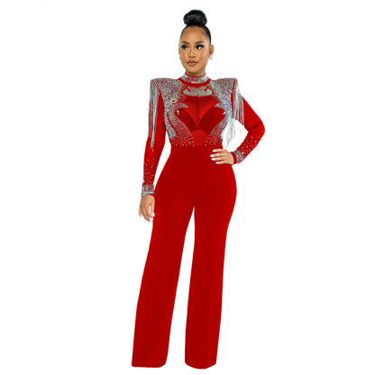 Sexy Casual Slim Fit Turtleneck See Through Rhinestone Tassel Jumpsuit Women