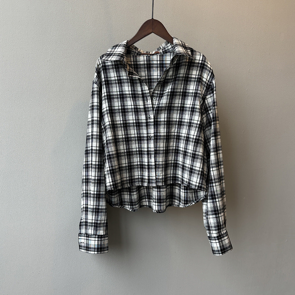 Retro Hong Kong Loose Plaid Long Sleeved Shirt for Women Summer Stylish Shirt Top