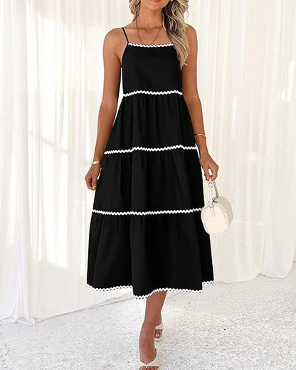 Women Clothing Strap Backless Lace Layered A line Pocket Side Zipper Dress