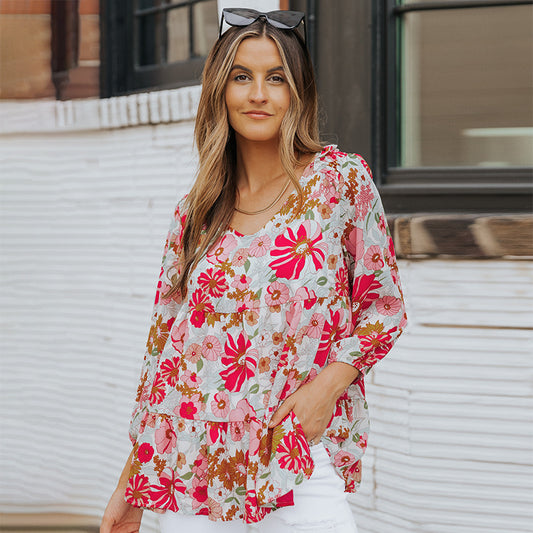 Floral Chiffon Shirt Top Frauen Herbst Einfache Gedruckt V hals