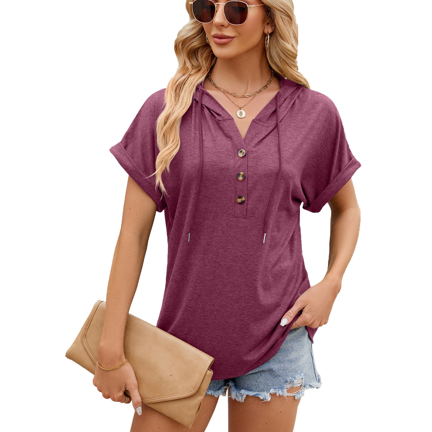 Spring Summer Solid Color Hooded Button Loose Short Sleeve T shirt Top Women