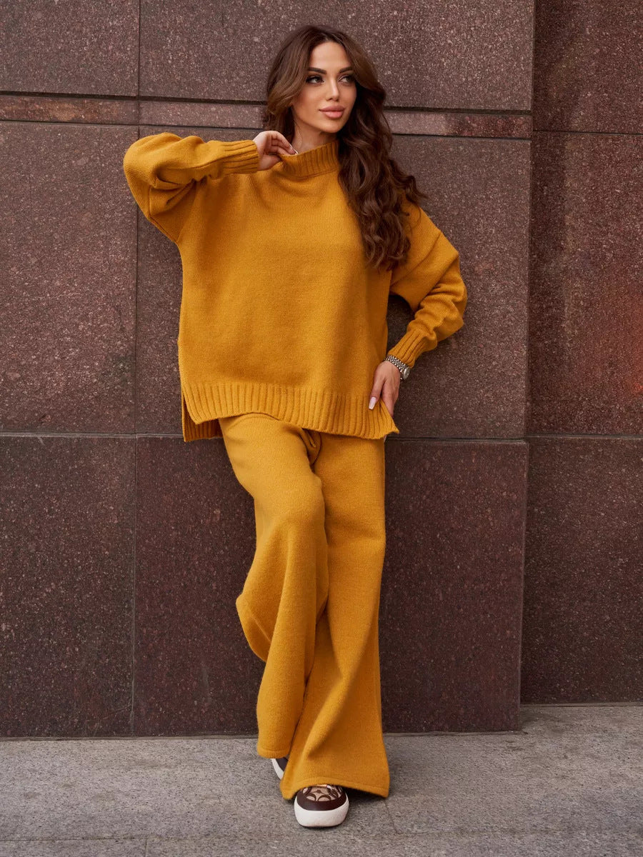 Women Clothing Solid Color Stand Collar Split Casual Sweater Sweater Pullover Knitted Trousers Loose Two Piece Sets