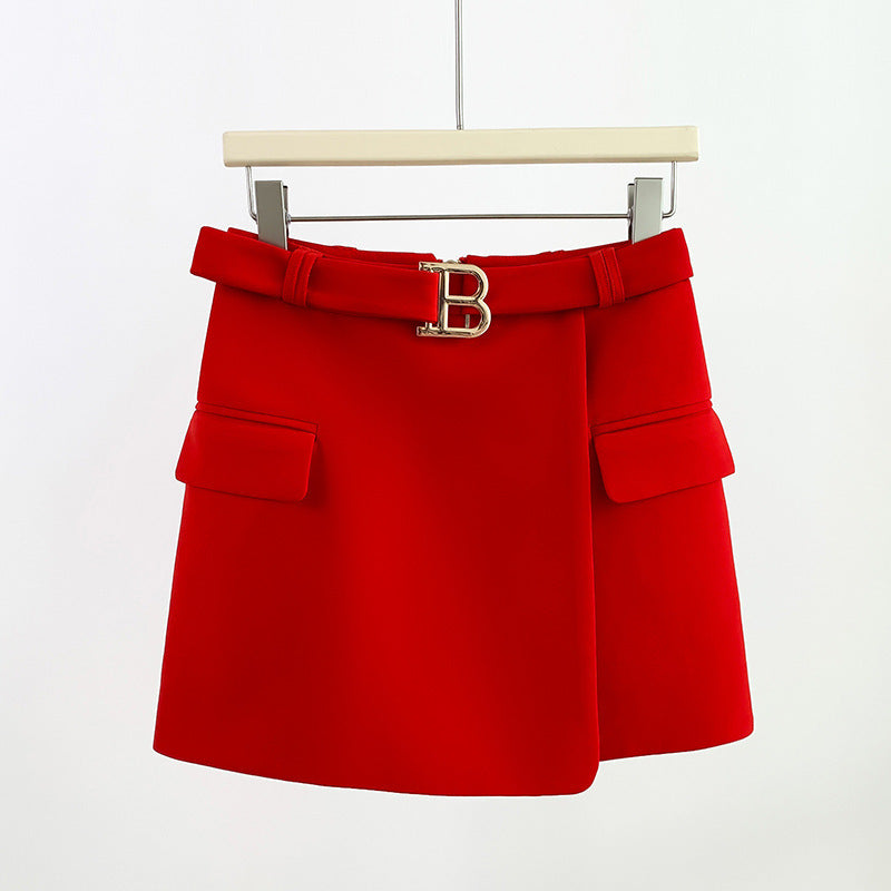 Primavera Verano Cinturón Hebilla De Metal Pantalones Cortos Falda Amarillo Púrpura Falda Roja