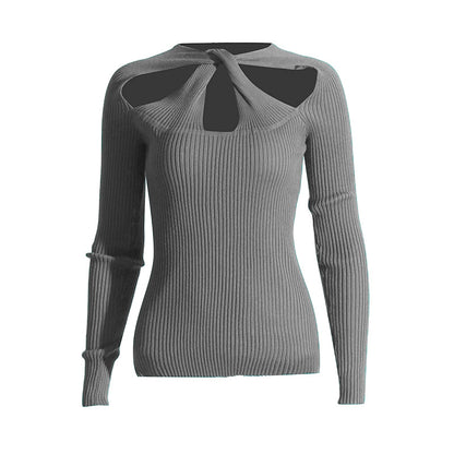 Lightly Mature Autumn Hollow Out Cutout Sexy Slim Fit Slimming Knitted Sweater Bottoming Shirt Women Clothing