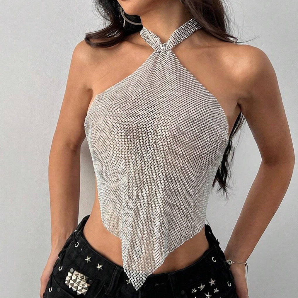 Frauen Kleidung Metall Sequ Sexy Hosenträger Nachtclub Party Sexy Top Neckholder Weste Frauen