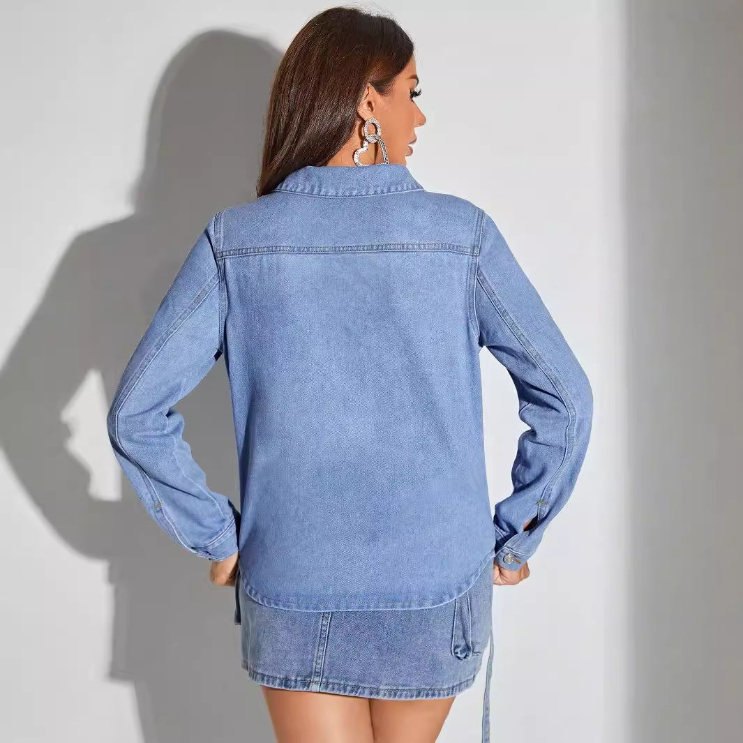 Women Clothing Retro Collar Hollow Out Cutout out Tied Denim Coat