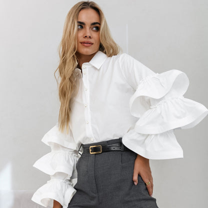 Weiße Rüschen Langarm Elegante Frauen Shirt Herbst