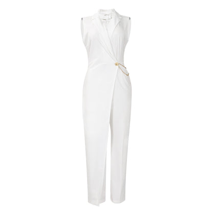 Women Clothing Elegant Elegant Suit Collar Tight Waist Chain Loose Wide Leg Jumpsuit