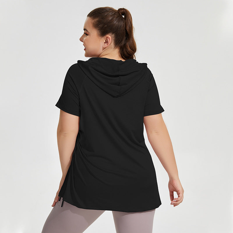 Ropa de Fitness ajustada de talla grande para mujer, Camiseta deportiva de manga corta con capucha, chaqueta de Yoga larga hasta el muslo de secado rápido