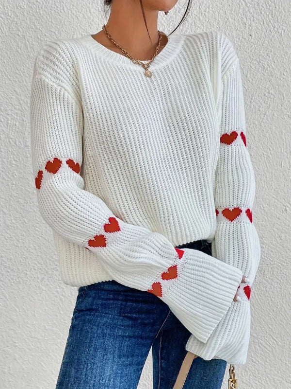 Women Sweater Autumn Winter Solid Color Loose Heart Jacquard Sweater Pullover Round Neck Flared Sleeves Top