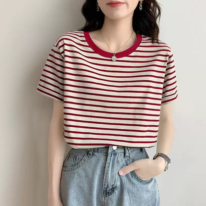 Women Short Sleeved T shirt Summer Thin Loose Cotton Green Striped T shirt Women Top Clothes