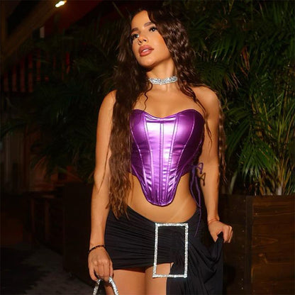 Metallic Coated Fabric Women Clothing Autumn Winter Sexy Sexy Lace Up Tube Top Vest Boning Corset Waist Tied Vest Women