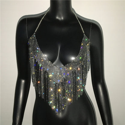 Ropa de mujer Top de diamantes de imitación de metal Traje sexy de fiesta con diamantes de imitación Club nocturno Sexy Sling