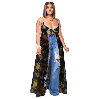 Women Clothing Sexy Camisole Multicolor Floral Print Slit T-shirt Plus Size