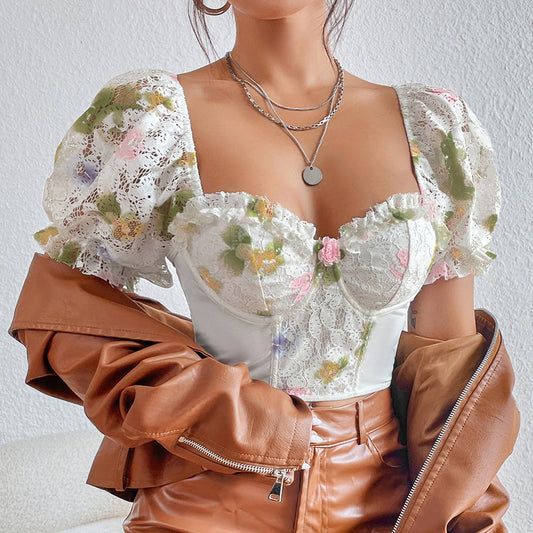 Camiseta de manga abombada con espalda descubierta para mujer, Top sexy con cintura y corsé con anillo de acero