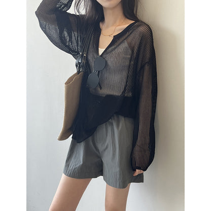 Sun Protection V Neck Sweater Blouse Women Summer Thin Slightly Transparent Hollow Out Cutout T Shirt Top