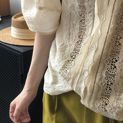 V Neck Puff Sleeve Shirt Women Summer Sweet Lace Embroidered Hollow Out Cutout Doll Shirt