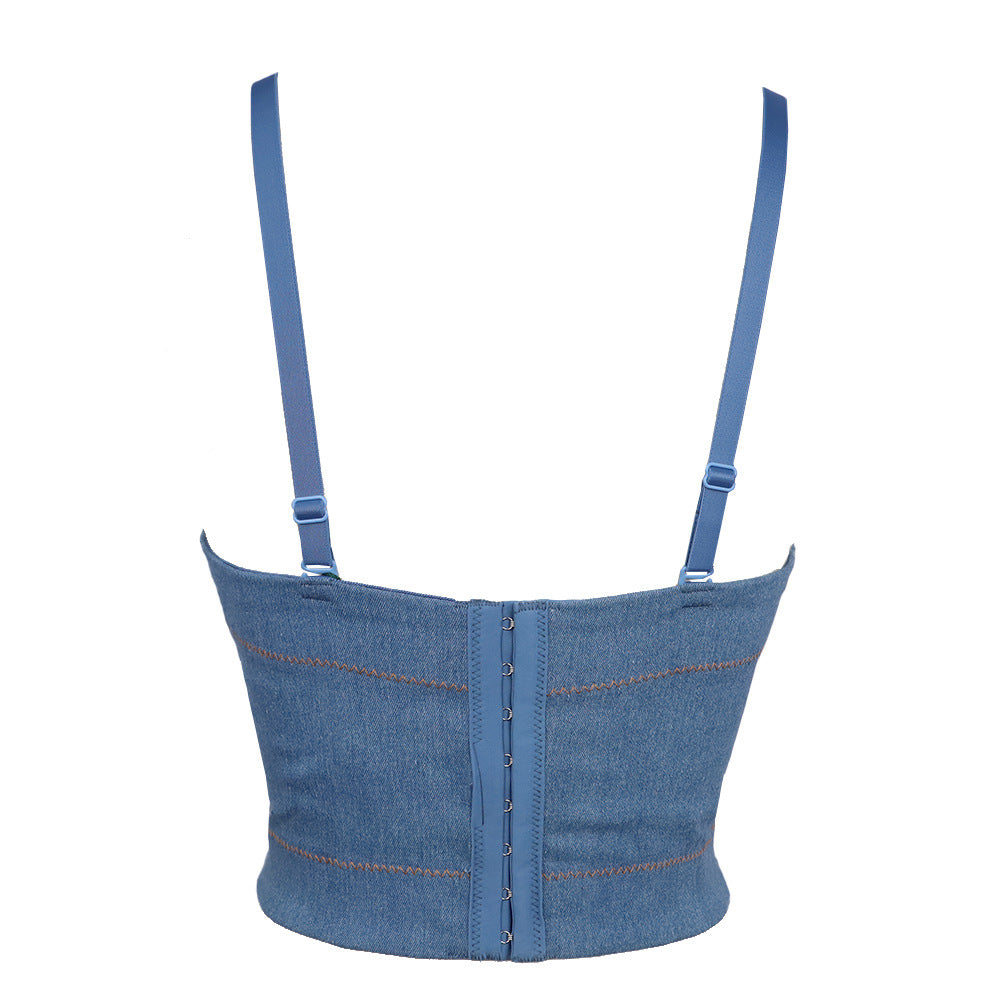 Stretch Denim Five Pointed Star Handmade Rhinestone Camisole Women Boning Corset Bra