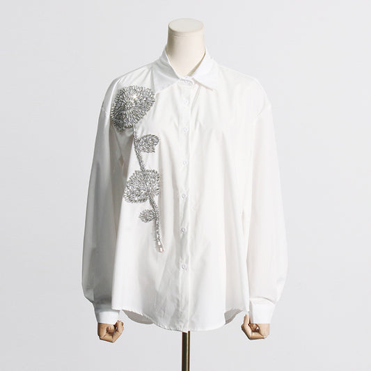 Spring Elegant Stand Collar Heavy Industry Rhinestone Floral Inlaid Loose Slimming Women Long Sleeve Shirt