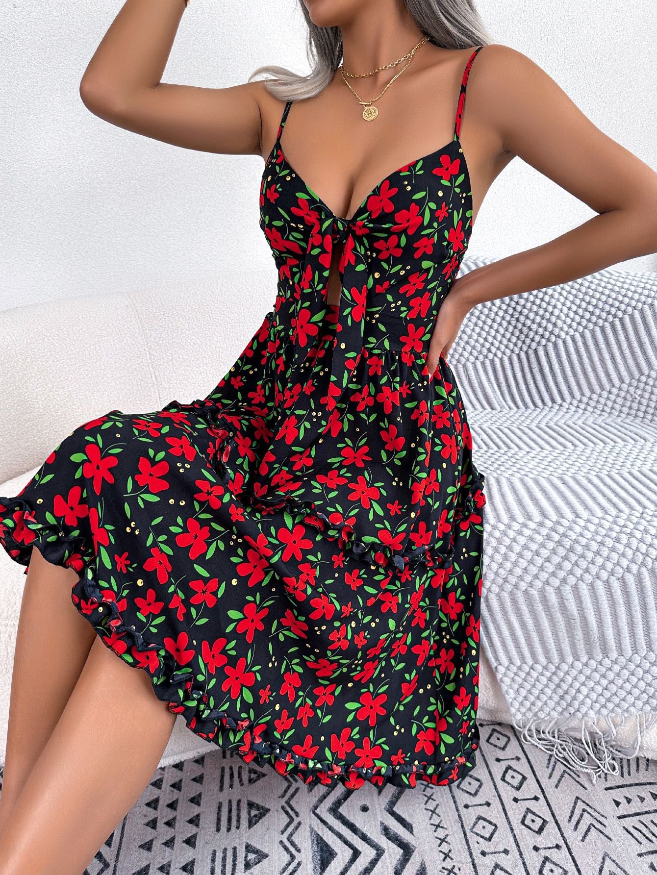 Frühling Sommer Casual Floral Schleife Rüschen Ärmelloses Kleid Frauen Kleidung