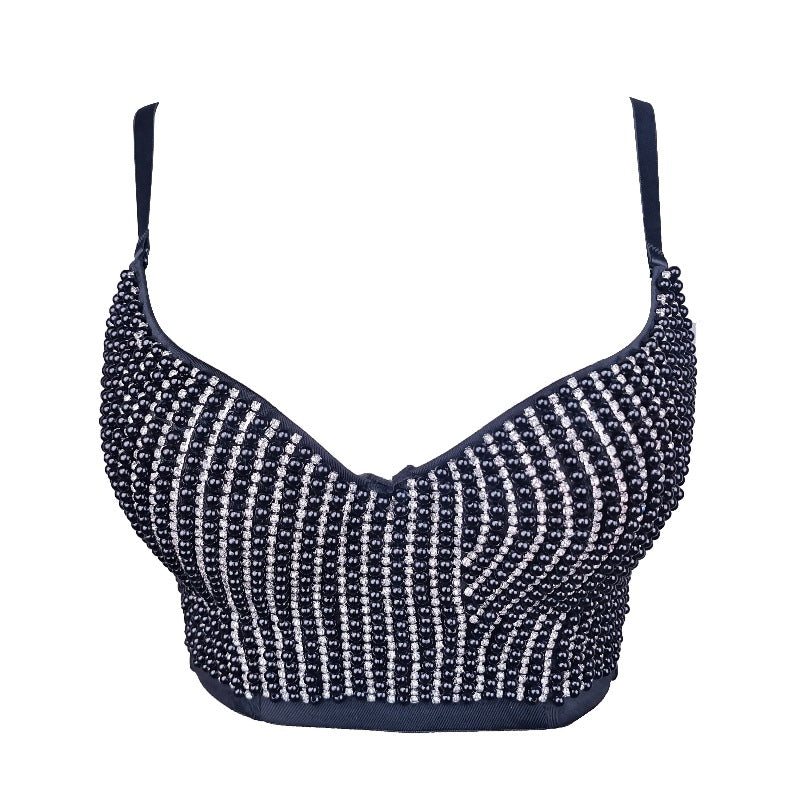 Sexy Sling-Top, sexy Korsett mit Knochen, Korsett mit kurzer Taille, schulterfrei, Tube-Top mit Perlenbesatz, leichte Diamanten, Nachtclub, Disco, eingewickelte Brust