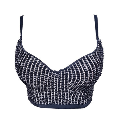 Sexy Sling-Top, sexy Korsett mit Knochen, Korsett mit kurzer Taille, schulterfrei, Tube-Top mit Perlenbesatz, leichte Diamanten, Nachtclub, Disco, eingewickelte Brust