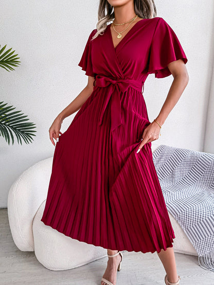 Spring Summer Elegant Criss Cross V-neck Swing Pleated Dress Women Clothing