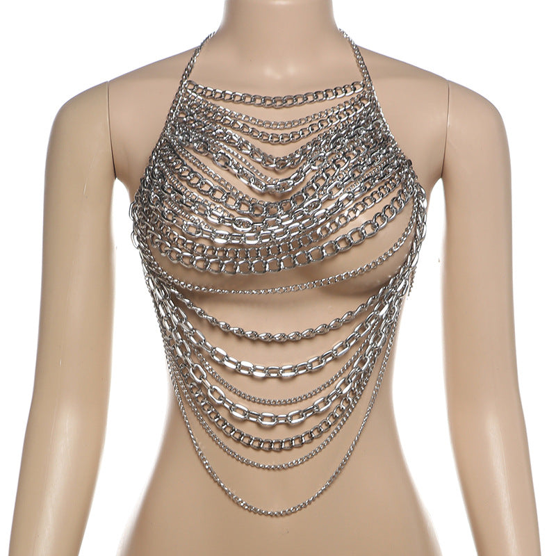 Colección de verano para mujer, chaleco sexy con escote halter y espalda descubierta de metal con personalidad