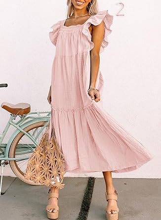 Women Clothing Flying Sleeve Square Collar Off Shoulder Pleated Hem Dress