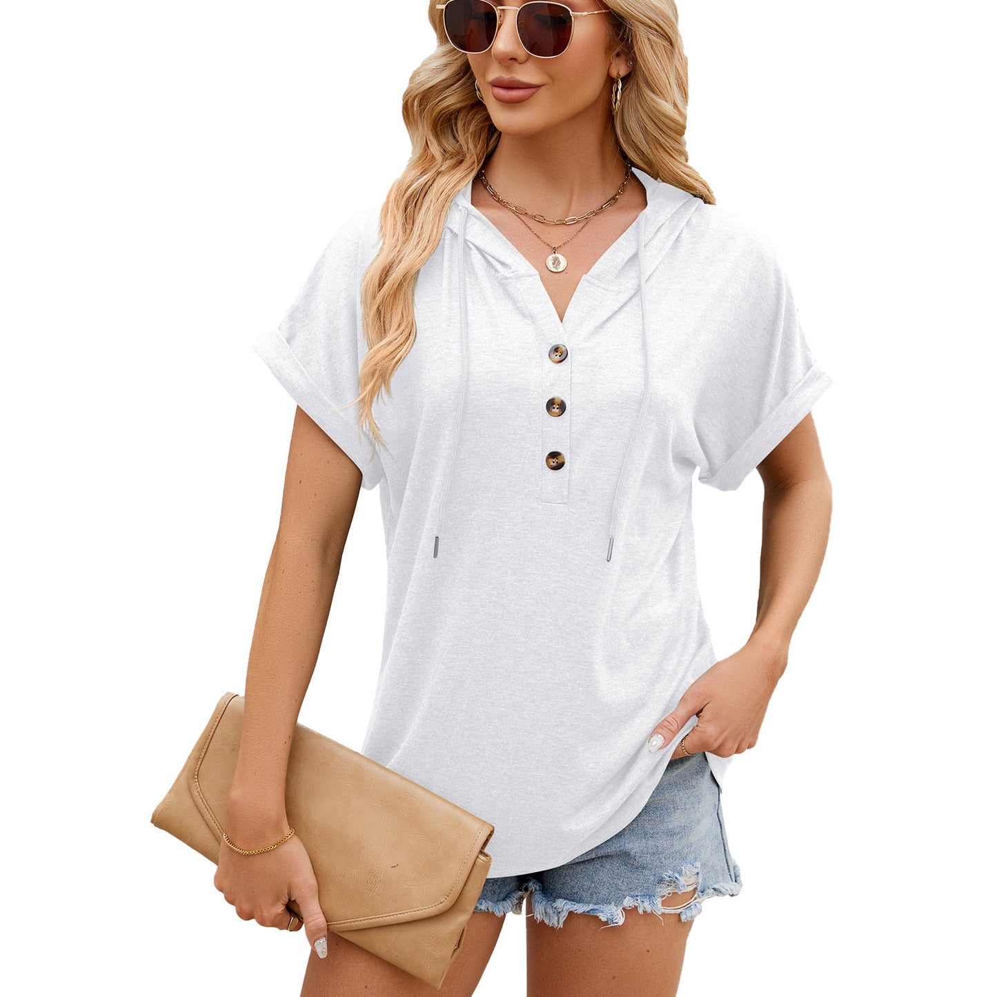Spring Summer Solid Color Hooded Button Loose Short Sleeve T shirt Top Women