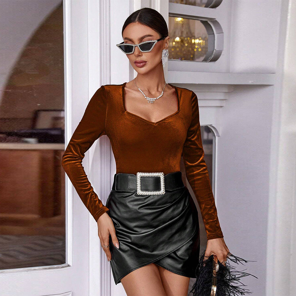 Women Clothing French Elegant Korean Velvet T Shirt Autumn Winter Square Collar Pullover Long Sleeve Adult Lady Like Woman Top