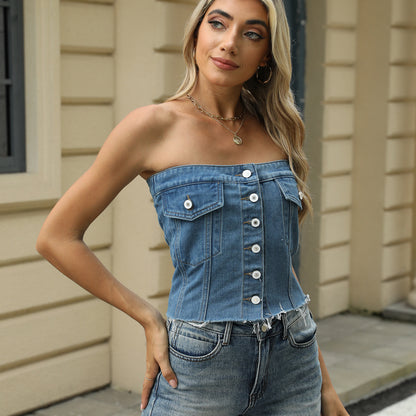 Damen verwaschenes, einreihiges, schulterfreies Denim-Tube-Top mit offenen Kanten