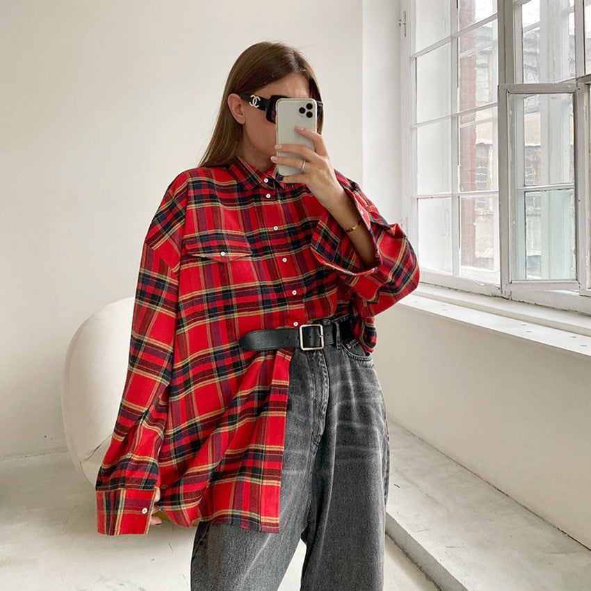 Frühling Plaid Shirt Frauen Trend Retro Plaid Top Baggy Mantel Frauen