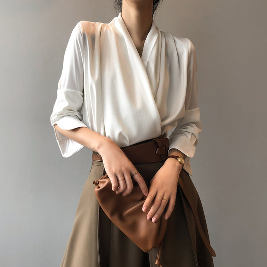 V-neck Shirt Women Spring French Elegant Drape Long Sleeve Shirt