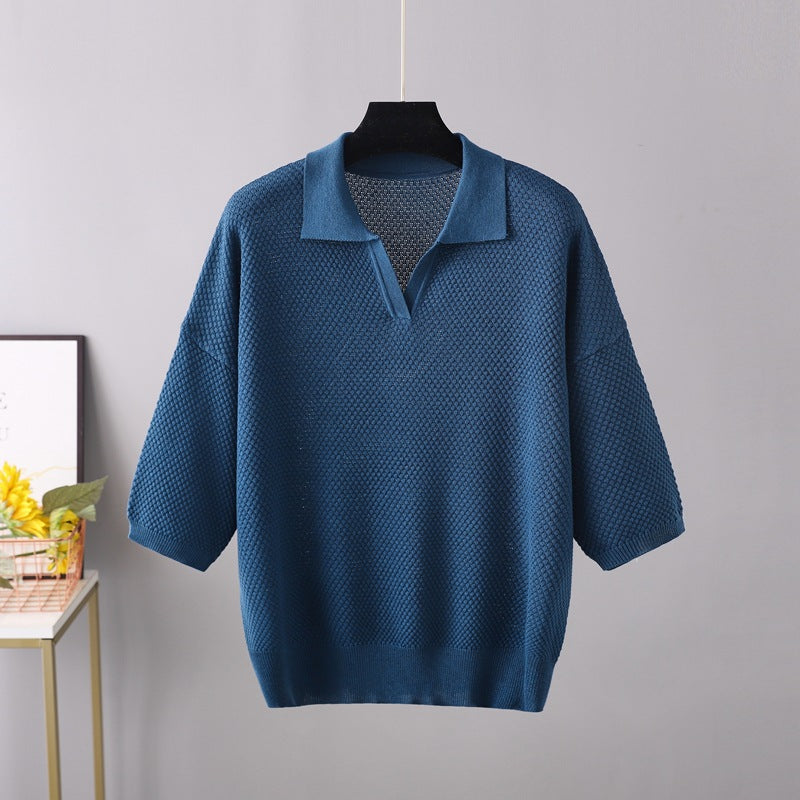 Women Clothing Slimming Polo Collar Bottoming Shirt Women Summer Casual All Match Short Sleeved Knitted Top