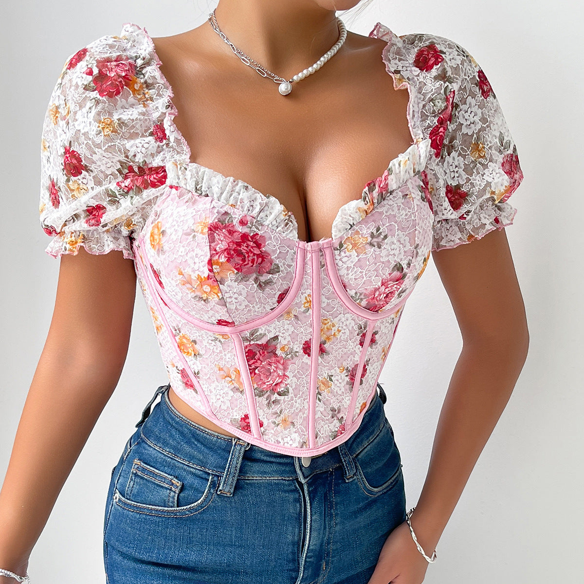 Französische Damenbekleidung, Puffärmel, sexy, florales kurzes Herbst-Korsett-Top mit Knochen