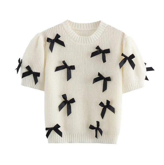 Round Neck Pullover White With Bow Sweater With Short Sleeves