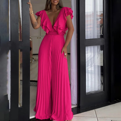 Women Clothing Deep V Plunge Neck High Waist Sexy Ruffled Pleated Wide Leg Jumpsuit