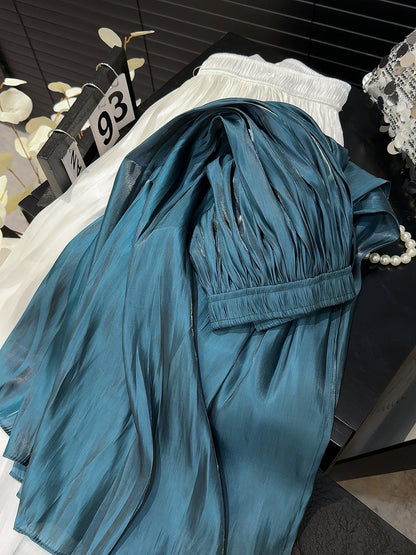 Retro Fashionable Pleated Drooping Slimming High Waist A line Skirt High Grade Glossy Pearlescent Chiffon Pleated Skirt