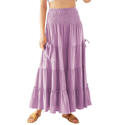 Women Ultra Long Bohemian Dress Summer Elegant Renaissance Pocket Cotton Double Layer Gauze Skirt