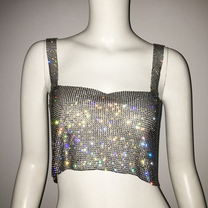 Ropa de mujer Metal diamante Sexy tirantes fiesta club nocturno dulce picante Fengshui diamante Top