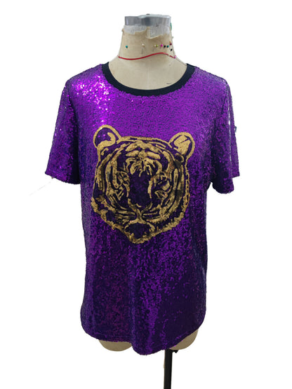 Camiseta holgada con cuello redondo y retales de costilla bordada con cabeza de tigre Sequ para mujer, totalmente forrada