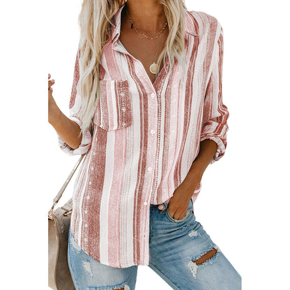 Striped Shirt Women Autumn Collared Single Breasted Long Sleeve Loose Cardigan Top Women