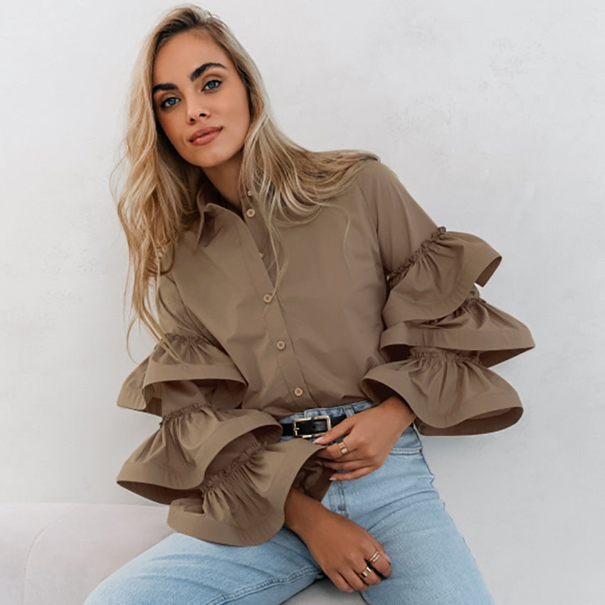 Weiße Rüschen Langarm Elegante Frauen Shirt Herbst