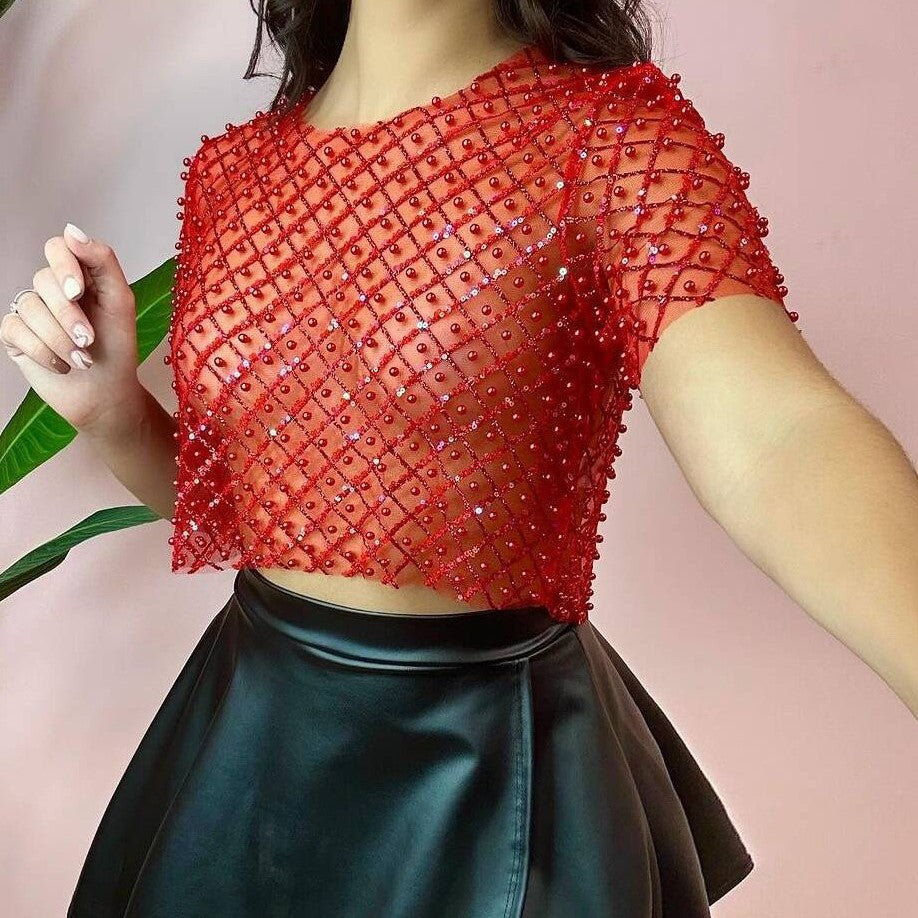 Women Clothing Sexy Mesh Beads Sequined Short Sleeved Top T Shirt